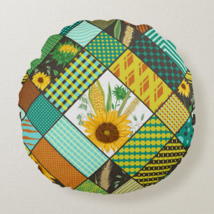 Coussins Ronds Patchwork de céréales, tournesols, motif géométriq