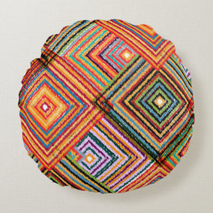 Coussins Ronds Patchwork Design avec Carrés aztèques.