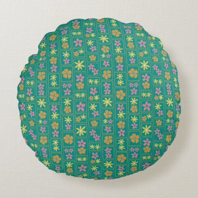 Coussins Ronds Patchwork Floral Sarcelle Rétro 16"  (Devant)