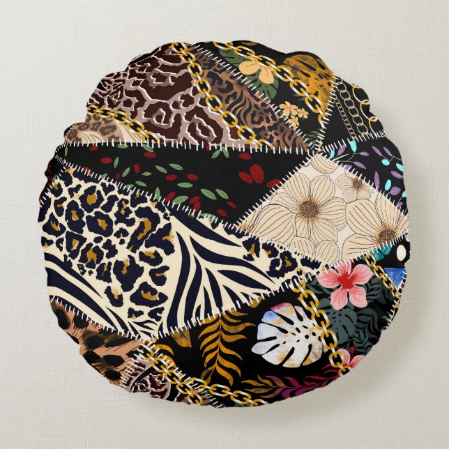 Coussins Ronds Patchwork Leopard : Ethnic Lining Design. (Devant)