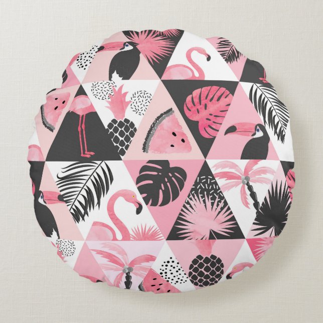 Coussins Ronds Patchwork Tropical : Flamant rose Watermelon Seaml (Devant)
