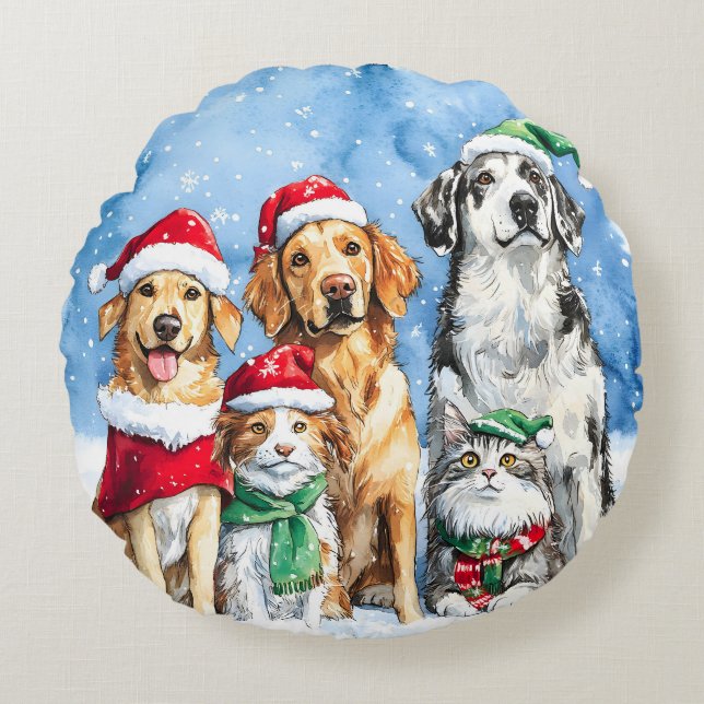 Coussins Ronds Pattes enneigées Festive Mignon Animaux de compagn (Devant)