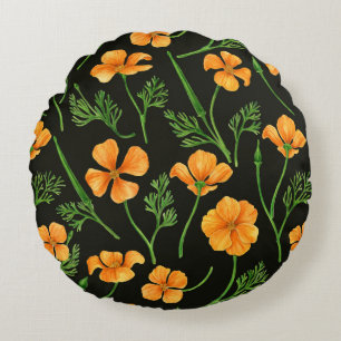 Coussins Ronds Pavot de Californie, fleurs d'été, orange wil