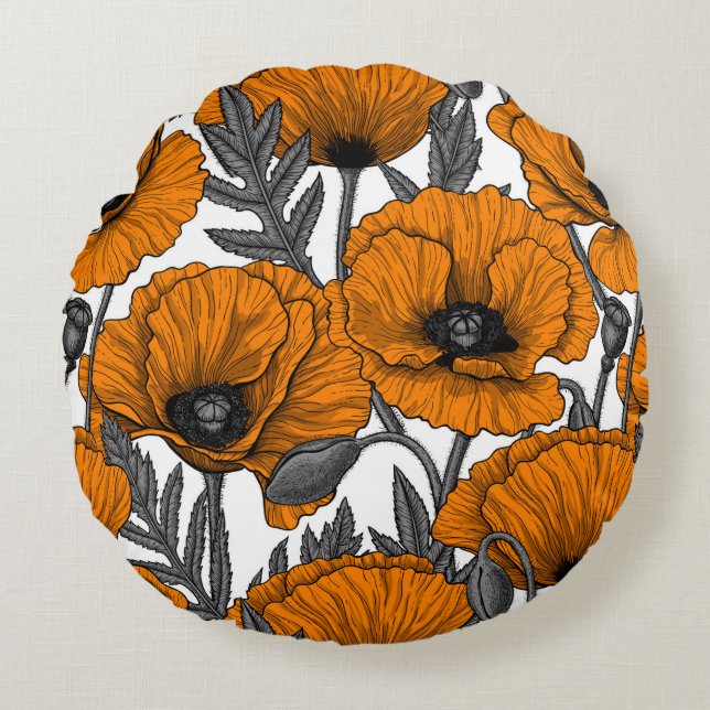 Coussins Ronds Pavot orange sur blanc (Devant)