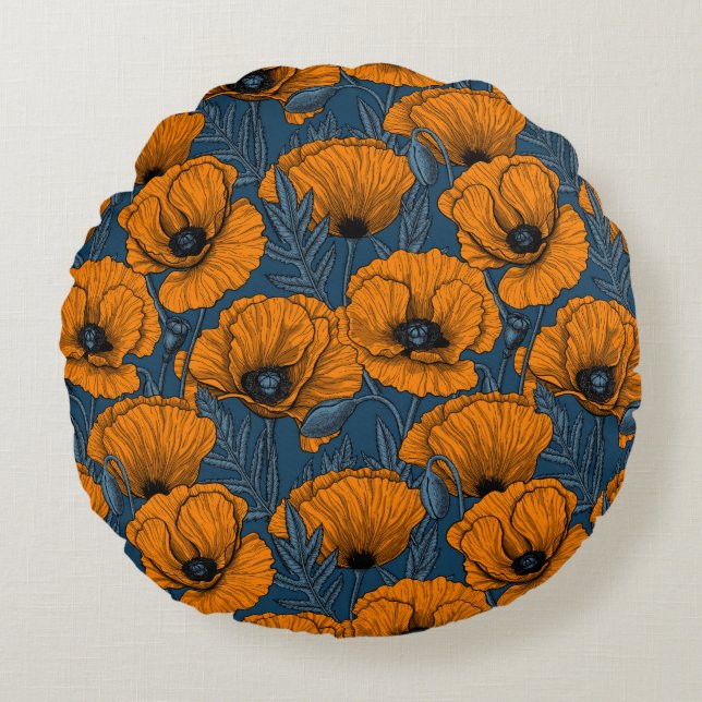 Coussins Ronds Pavot orange sur bleu foncé (Devant)