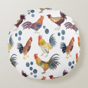 Coussins Ronds Pays motif des poulets d'aquarelle