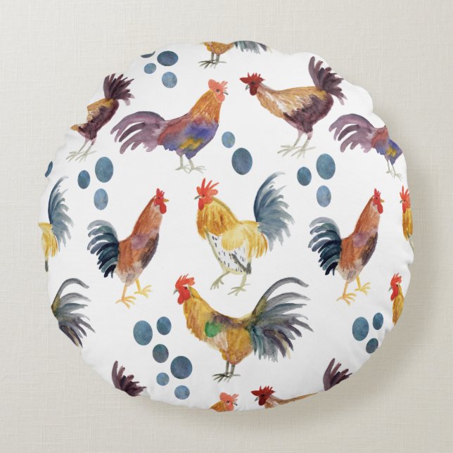 Coussins Ronds Pays motif des poulets d'aquarelle (Devant)