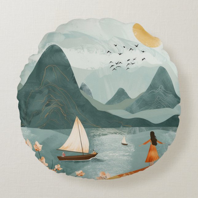 Coussins Ronds Paysage Abstrait de Boho (11) (Devant)