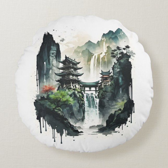 Coussins Ronds Paysage antique de l'encre chinoise avec cascade (Devant)