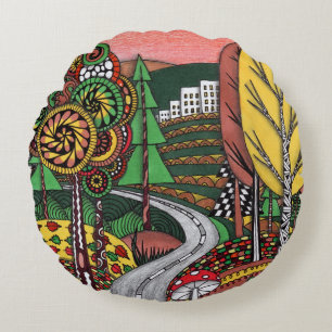 Coussins Ronds Paysage Automnal Fantaisiste Art Populaire Doodlin