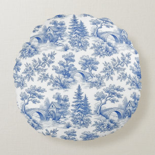 Coussins Ronds Paysage boisé de toile de Jouy vintage bleu