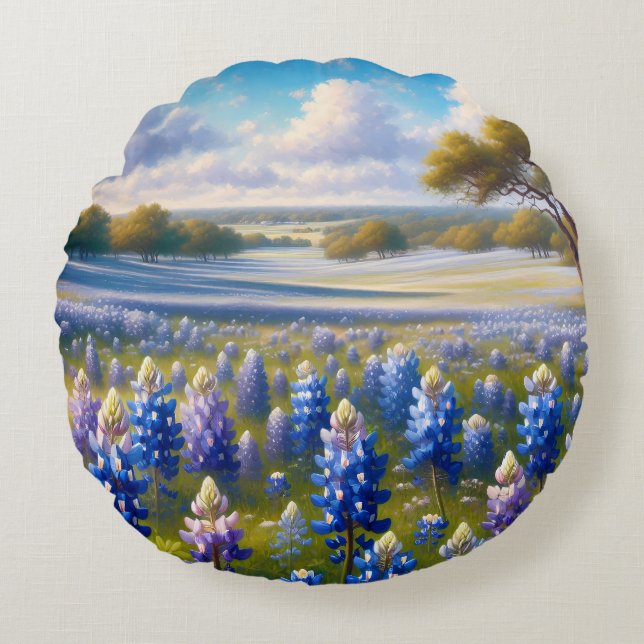 Coussins Ronds Paysage de prairie de bleuets du Texas (Devant)