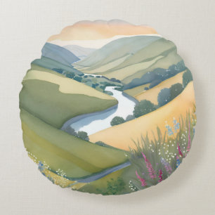 Coussins Ronds Paysage de Rolling Hills   Aquarelle magnifique
