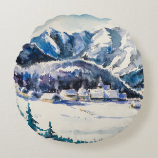 Coussins Ronds Paysage d'hiver avec village de montagne couvert