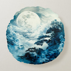 Coussins Ronds Paysage mystique de montagne au clair de lune