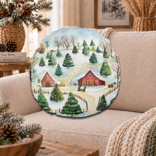 Coussins Ronds Paysage rustique hivernal à l'aquarelle avec des s