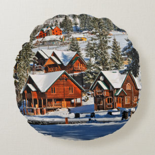Coussins Ronds Paysage, ski, neige, hiver, actif, air, froid,