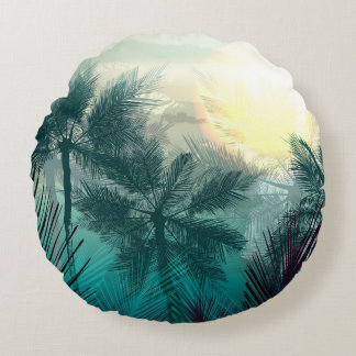 Coussins Ronds Paysage tropical de jungle avec palmiers et feuill