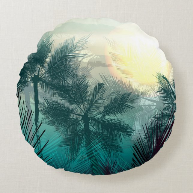 Coussins Ronds Paysage tropical de jungle avec palmiers et feuill (Devant)