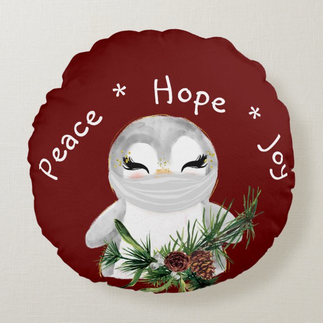 Coussins Ronds Peace Hope Joy Pingouin masqué (Devant)