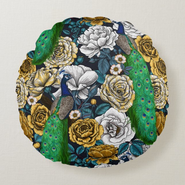 Coussins Ronds Peacocks dans le jardin rose 3 (Devant)