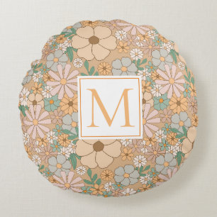 Coussins Ronds Pêche Orange Floral   Personnaliser le monogramme