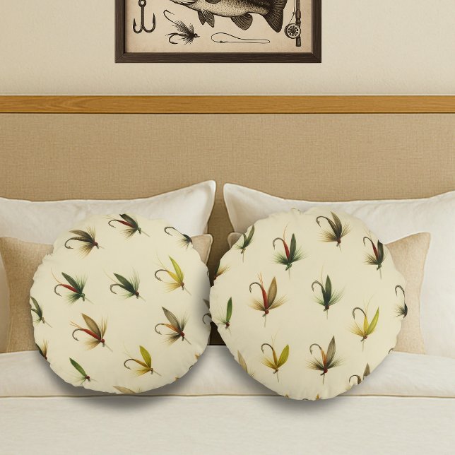 Coussins Ronds Pêcheurs Voler Pêche truite mouches Aquarelle lanc (Créateur téléchargé)