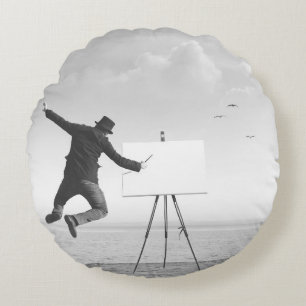 Coussins Ronds peintre surréaliste d'art noir et blanc dessin sur