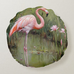 Coussins Ronds Peinture À L'Huile De Flamant rose Et De Roseaux,
