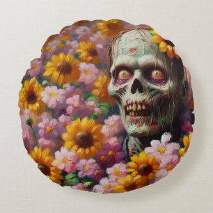 Coussins Ronds Peinture à l'huile de Zombie dans le champ de fleu