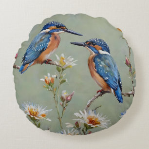 Coussins Ronds Peinture À L'Huile D'Oiseaux Et De Fleurs De Pêche