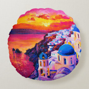 Coussins Ronds peinture à l'huile sur toile. Coucher de soleil su