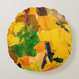 Coussins Ronds Peinture Abstraite à l'huile jaune sur toile.