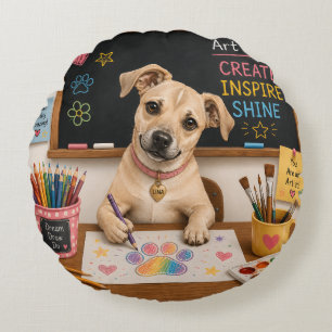 Coussins Ronds Peinture aquarelle d'un chien d'école mignon