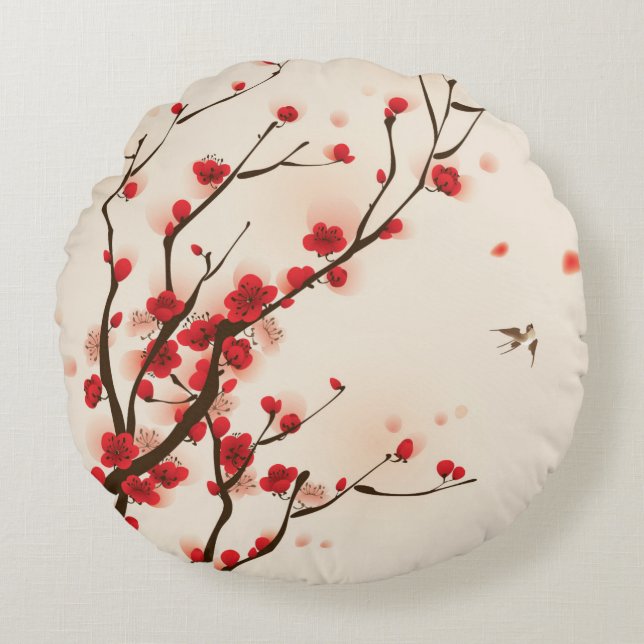 Coussins Ronds Peinture asiatique de style, fleur de prune au (Devant)