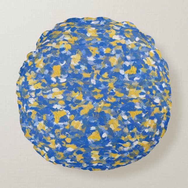 Coussins Ronds Peinture bleu, jaune et blanc (Devant)