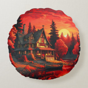 Coussins Ronds Peinture coucher de soleil avec chalet et lac-6663