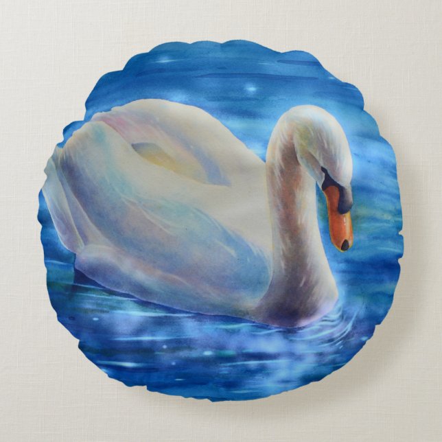 Coussins Ronds Peinture d'aquarelle de cygne blanc, sauvagine, oi (Devant)