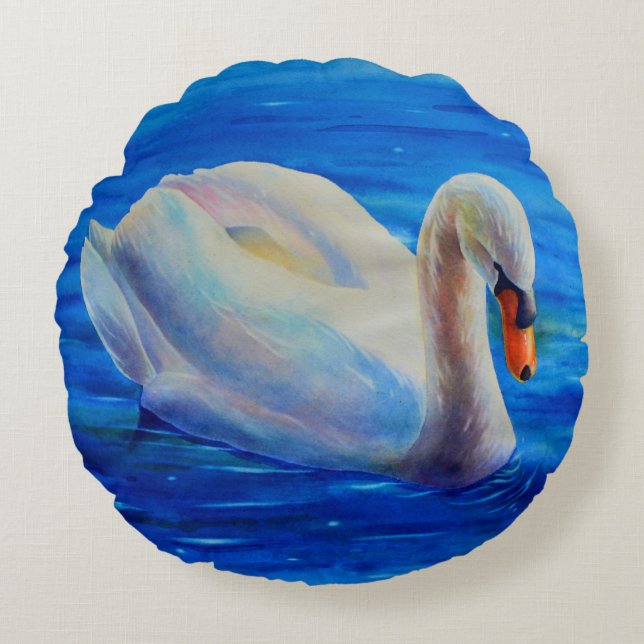 Coussins Ronds Peinture d'aquarelle de cygne blanc, sauvagine, oi (Devant)