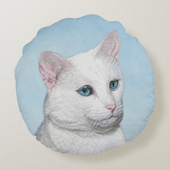 Coussins Ronds Peinture de chat blanc - Cute Original Cat Art (Dos)