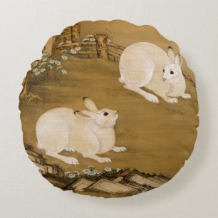Coussins Ronds Peinture de deux lapins blancs d'art chinois vinta