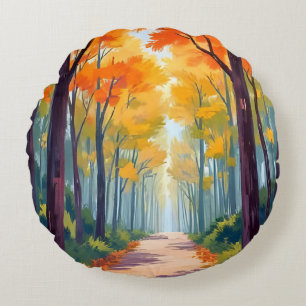 Coussins Ronds Peinture de feuillage d'automne de chemin d'automn