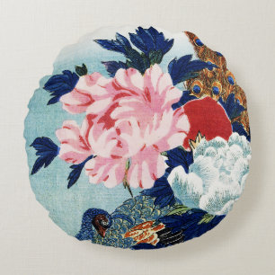 Coussins Ronds Peinture de fleurs de paon et de pivoines vintage