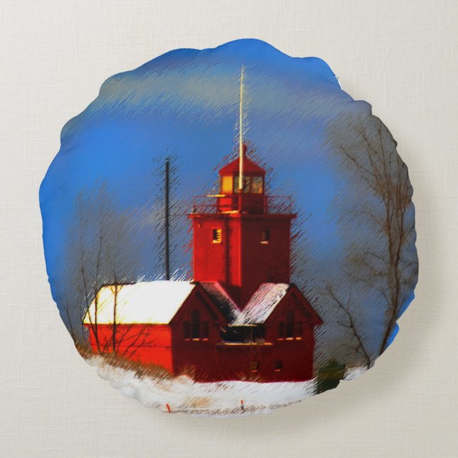 Coussins Ronds Peinture de phare rouge - Art original (Dos)