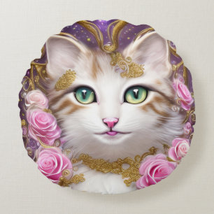 Coussins Ronds Peinture de roses roses or chat