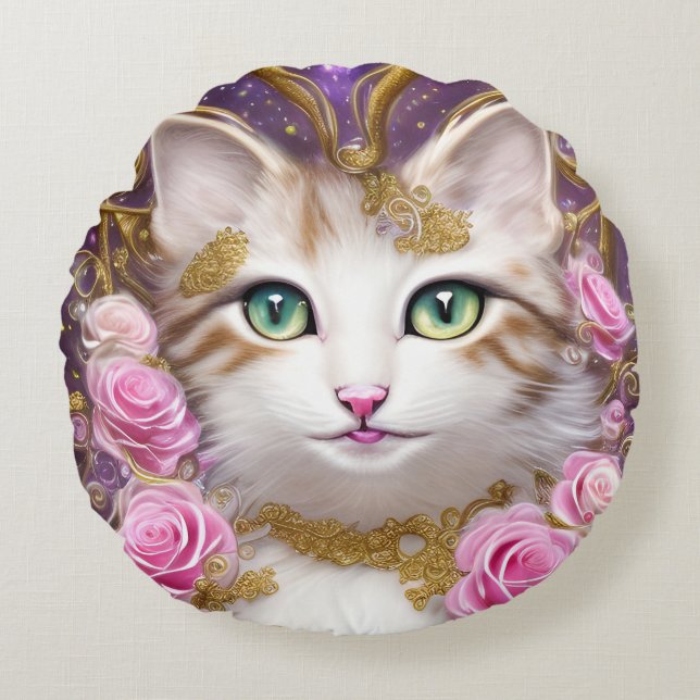 Coussins Ronds Peinture de roses roses or chat (Devant)