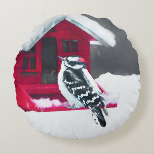 Coussins Ronds Peinture Downy Woodpecker - Art original pour oise