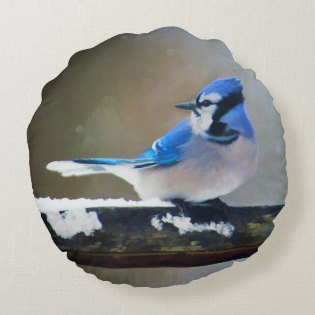 Coussins Ronds Peinture Jay Bleu - Art Oiseau Original (Dos)