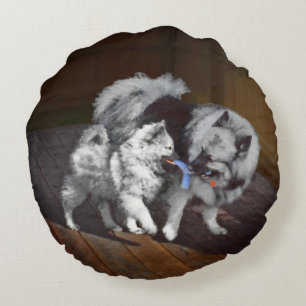 Coussins Ronds Peinture Keeshond Playtime - Jolie art original ch