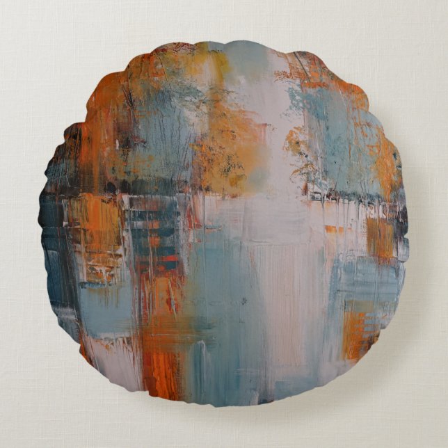 Coussins Ronds Peinture orange, blanche et turquoise abstraite (Devant)